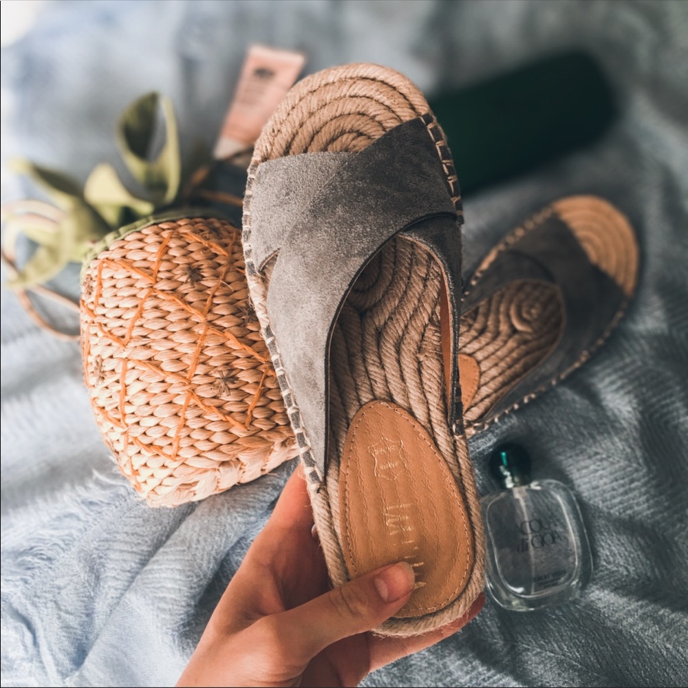 Gray suede wrap espadrille slide sandals